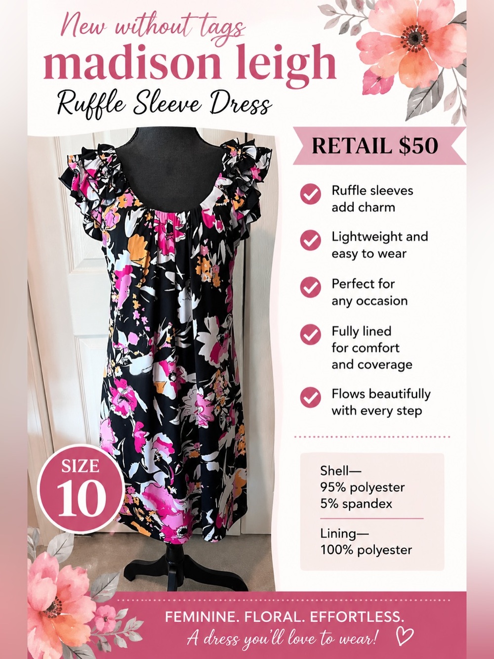 NEW WITHOUT TAGS madison leigh Black Floral Ruffle Sleeve Dress—size 10